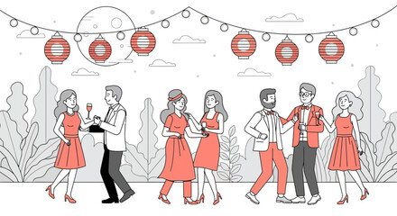 Celebratory Gathering Of Friends Enjoying Evening Party Under Lanterns