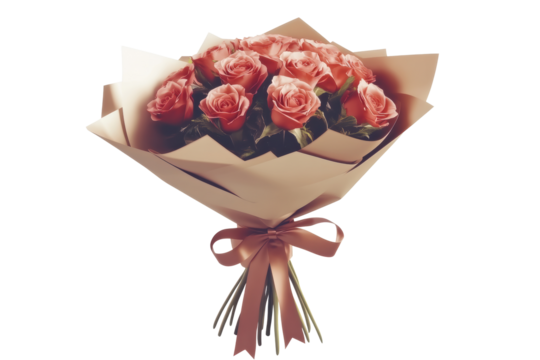 Blush pink red roses in a paper-wrapped bouquet with ribbon.