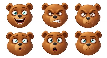 Fototapeta premium Cartoon bear faces set with different emotions
