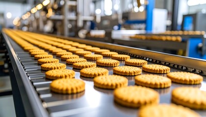 Rows of golden biscuits move along a factory conveyor belt