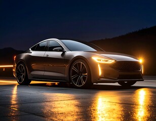 Sleek, dark-colored sedan driving at night on a wet road, headlights illuminating the way