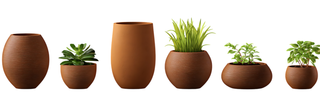 Terracotta plant pots with various sized plants against a black background.
