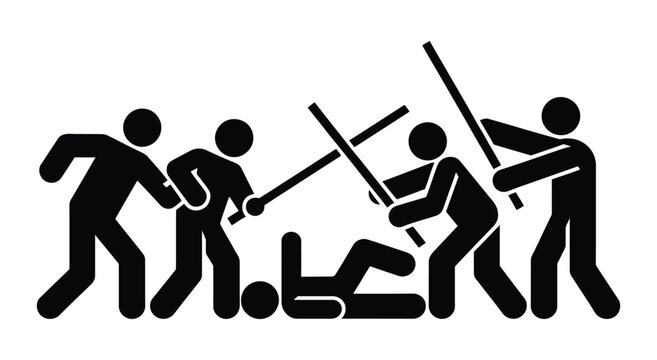 Stick figure people beating a person lying on the ground with sticks