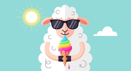 Cool Sheep Enjoying Rainbow Ice Cream Under the Summer Sun Illustration