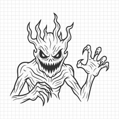 Scary Monster with Sharp Claws and Evil Face Line Art Illustration