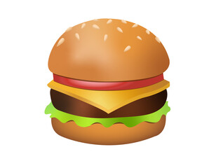 Cheeseburger icon with burger beef patty, sesame bun, cheese, lettuce, tomato