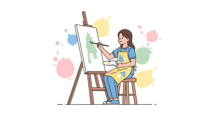 Fototapeta premium Creative girl painting on canvas with colorful splashes of paint surrounding the scene