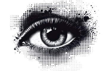 Abstract halftone eye collage element featuring intricate details and patterns inspired by visual perceptions and human emotion