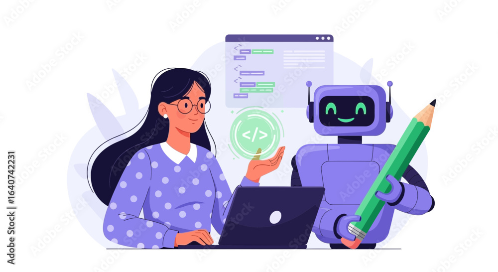 Poster creative woman collaborating with robot on software development using laptop