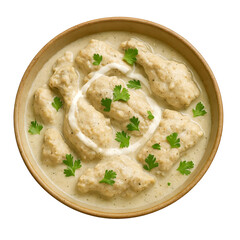 Chicken white karahi with cream garnish on transparent background.