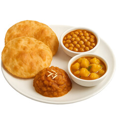 Halwa puri breakfast with chana and aloo curry on transparent background.