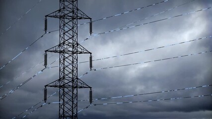 Transmission tower with visible energy pulses traveling along high-voltage lines - power grid visualization with electricity pylons and clouds timelapse - Powered by Adobe