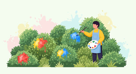 Creative Young Artist Painting Vivid Hues on Natural Greenery Outdoors Illustration