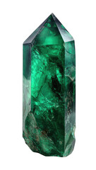 Emerald-green crystal, pointed prism shape, translucent, intricate veins
