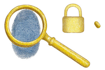 A magnifying glass over a fingerprint, beside a padlock
