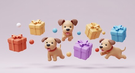 Cartoon dogs and gift boxes illustration