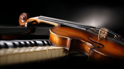 Fototapeta premium Elegant arrangement of classical instruments, violin and piano keys glowing with timeless musical charm.