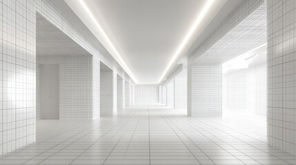 Minimalist Interior Design: White Tiled Corridor with Bright Overhead Lighting and Clean Architecture for Modern Spaces