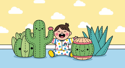 Fototapeta premium Cute Baby Surrounded by Smiling Cactus Friends in a Sunny Cartoon Setting