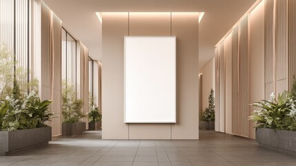 Elegant Interior Mockup with Blank Frame in Modern Lobby for Art or Advertising
