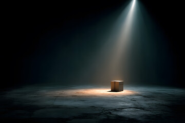 Dramatic spotlight illuminating a lonely box in a dark setting