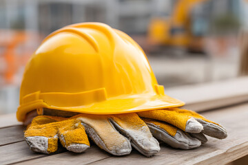 Yellow hard hat and gloves for construction safety gear
