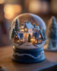 Enchanting Winter Scene with Snow Globe and Miniature Houses