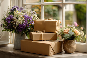 Beautiful Rustic Window Still Life with Flowers and Gift Packages