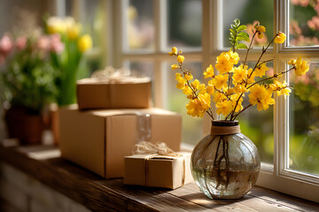 Bright Yellow Flowers in Vase with Boxed Gifts by a Sunny Window