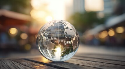 Crystal Globe on Wooden Table Reflecting Cityscape: Global Business and Environmental Concept