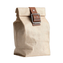Beige paper bag with brown leather strap and buckle