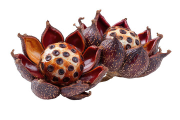 Two dried, floral-shaped pods, reddish-brown,  with off-white speckled centers,  isolated