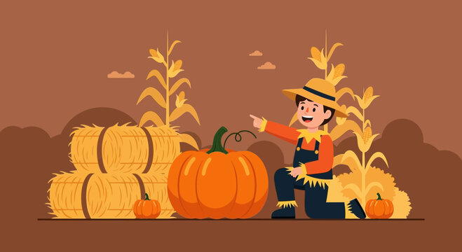 Cute Cartoon Scarecrow with Pumpkin Patch Celebrating Thanksgiving Holiday