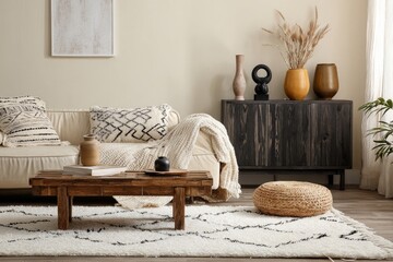 Beige and brown living room with ethnic decor