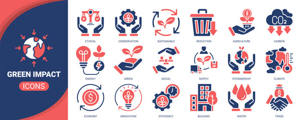 Green impact icon set. Containing icon of sustainable, conservation, green, energy, climate and more. Solid vector icons collection.