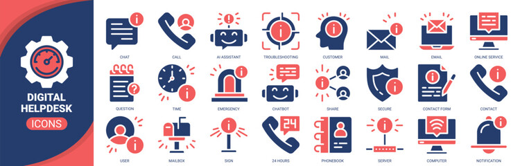 Digital helpdesk icon set. Containing icon of tech support, chatbot, ai assistant, email, troubleshooting and more. Solid vector icons collection.