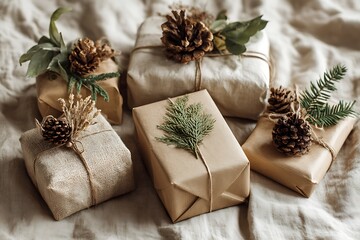Rustic holiday gifts adorned with pinecones and greenery, evoking a warm, natural festive spirit for Christmas.