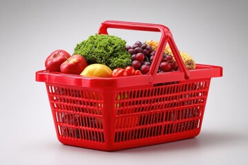 Red plastic shopping basket filled with assorted fruits and vegetables