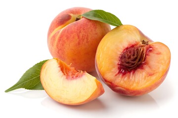Fresh Whole and Sliced Peach Isolated on White Background

