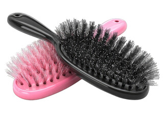 Two oval hairbrushes, pink and black, crossed, glossy handles