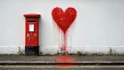 Red heart graffiti on a wall next to a red postbox