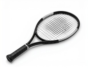 Tennis Racket with Black Frame and Grip on white background 