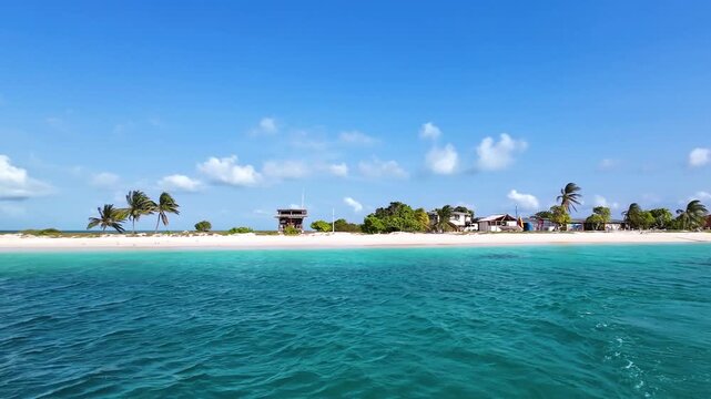 Boat view of Caribbean paradise, turquoise waters, white sand and untouched seascape at Dos Mosquises Island in the Los Roques Archipelago, Venezuela.