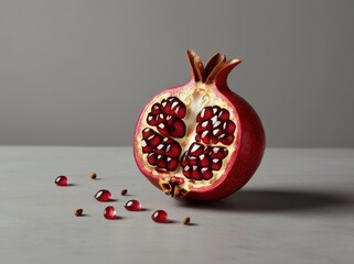 Halved Pomegranate with Scattered Seeds on Grey Surface