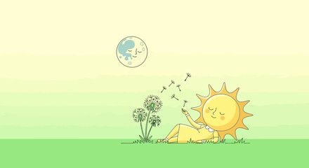 Fototapeta premium Cute Sun Relaxing on Meadow Blowing Dandelion Seeds with Sleeping Moon