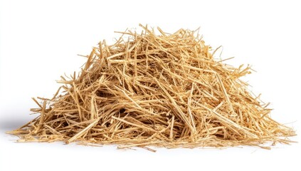 A mound of light beige straw, densely packed, sits on a white background