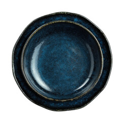 Top-down view of a deep, round, dark-blue ceramic bowl