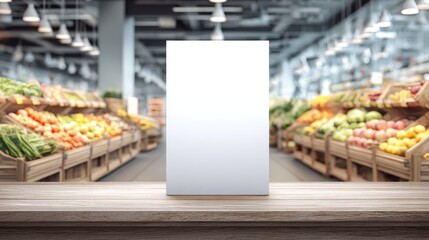 Blank Signage Mockup on Wooden Counter with Supermarket Fresh Produce Display in Blurred Background