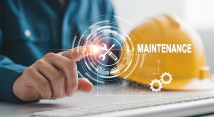 Maintenance Concept with Engineer Touching Virtual Interface, Safety Helmet in Background, Representing Technology and Service