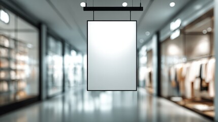 Blank Signage Mockup Hanging in a Modern Shopping Mall, Perfect for Retail Advertising and Brand Promotion